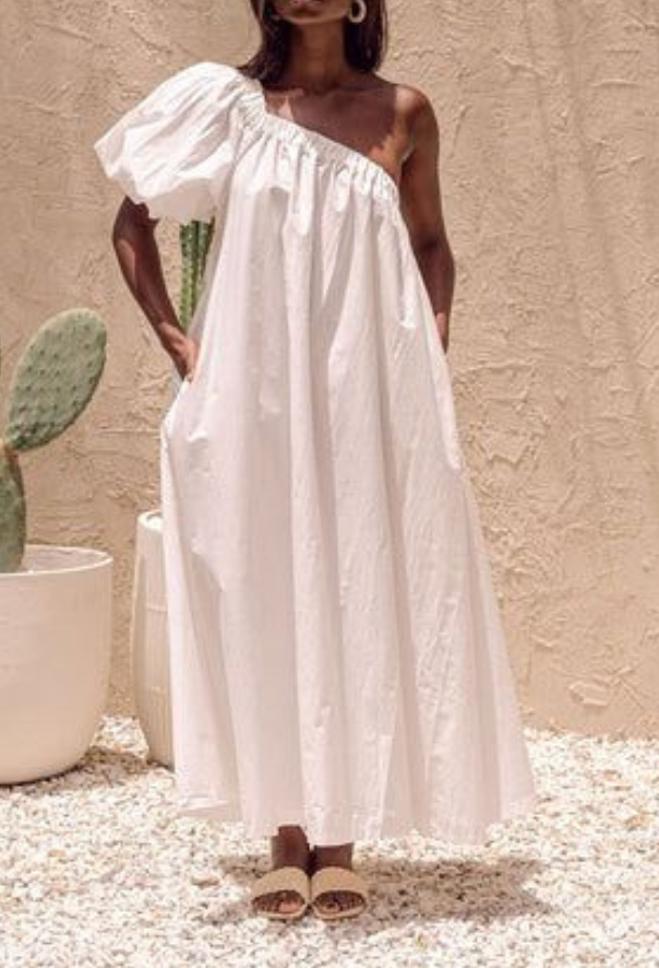 White cotton one shoulder dress
