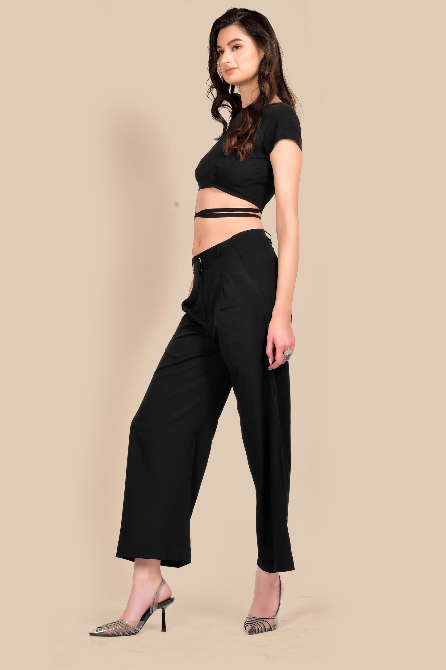 Tie Up Waist Crop Top and Flare Bottom Pants Co-ords
