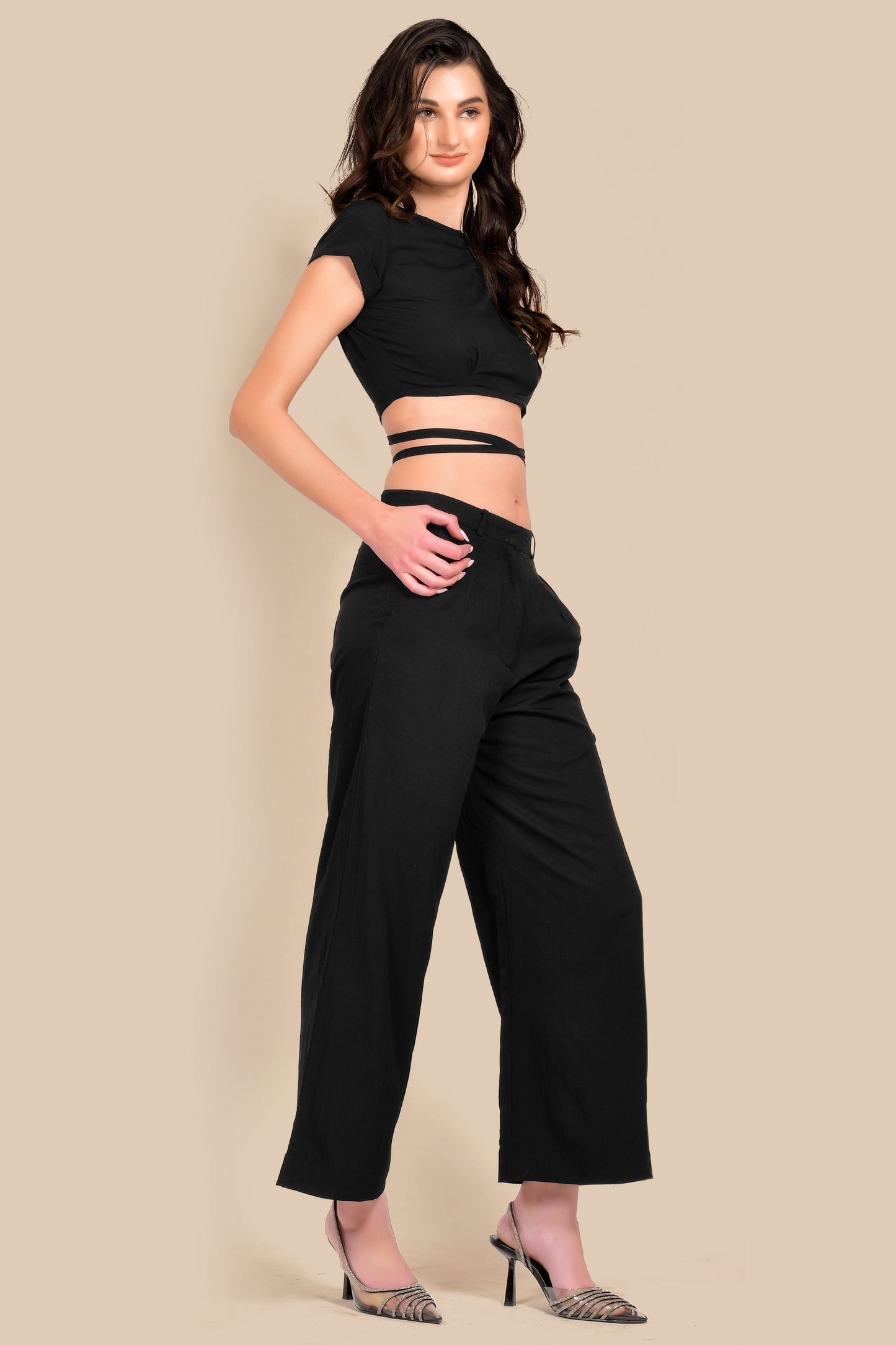 Tie Up Waist Crop Top and Flare Bottom Pants Co-ords