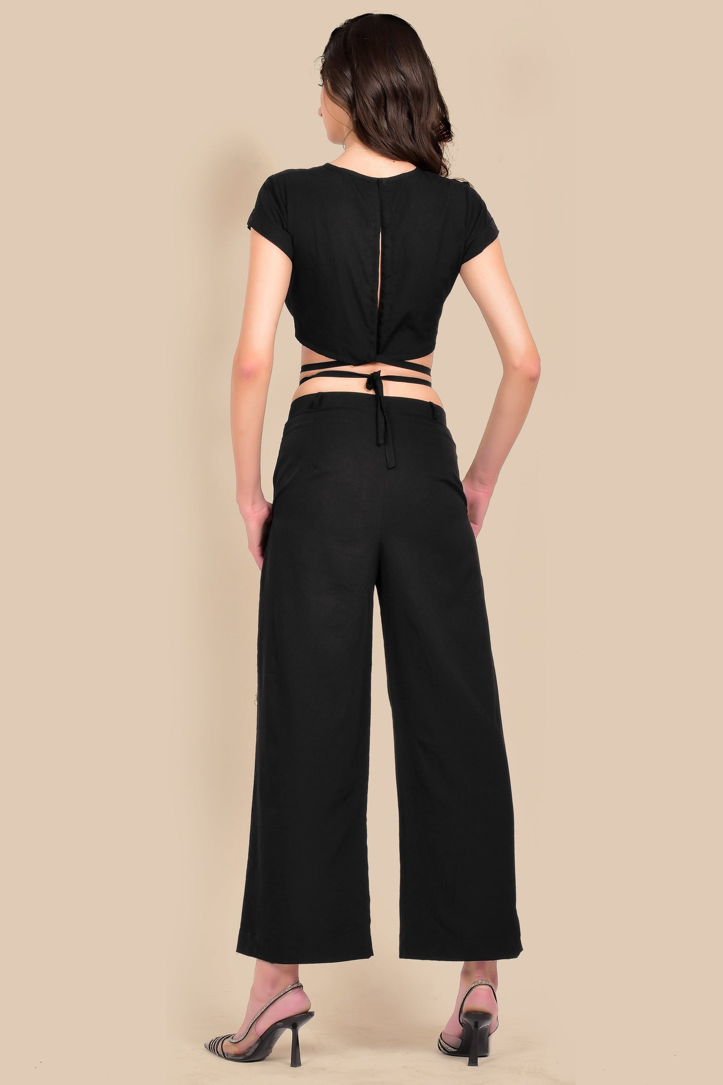 Tie Up Waist Crop Top and Flare Bottom Pants Co-ords