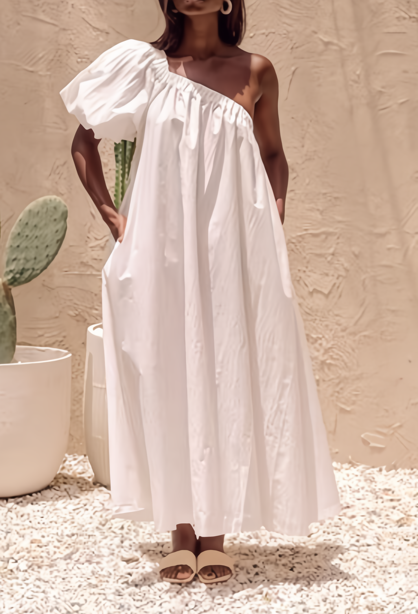 White cotton one shoulder dress