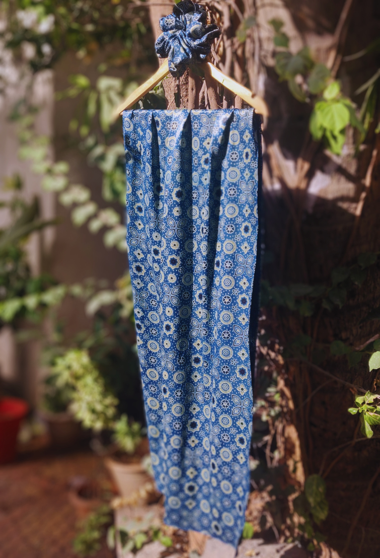 Mandala Ajrakh mashroo silk scarfs with silk scrunchies