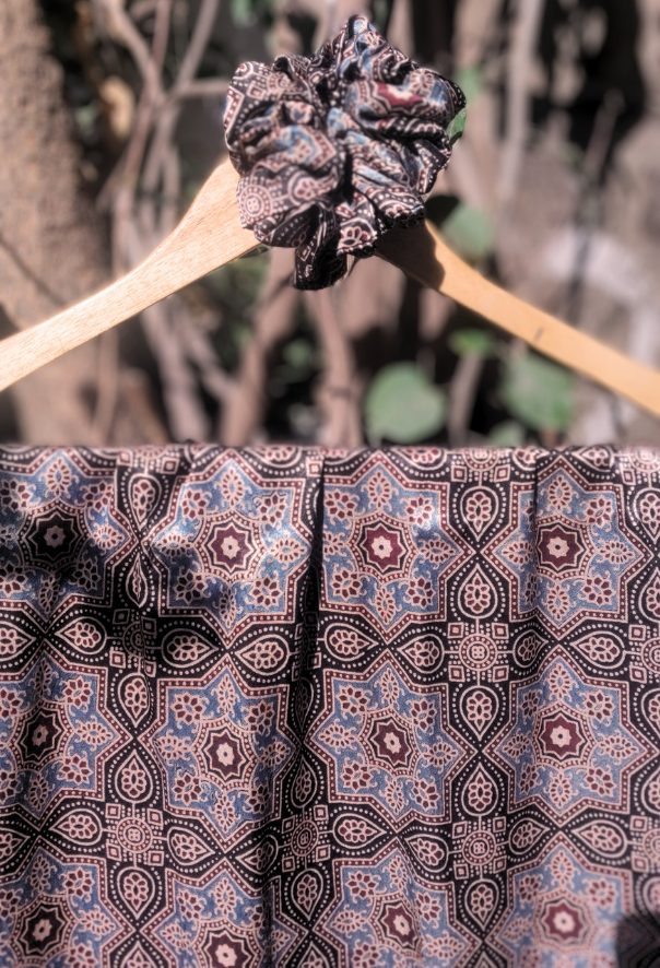 Traditional Ajrakh print mashroo silk scarfs with silk scrunchies