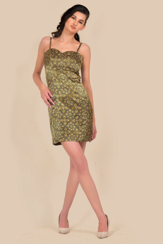 Sweetheart Neckline Dry brown Ajrakh Print Dress