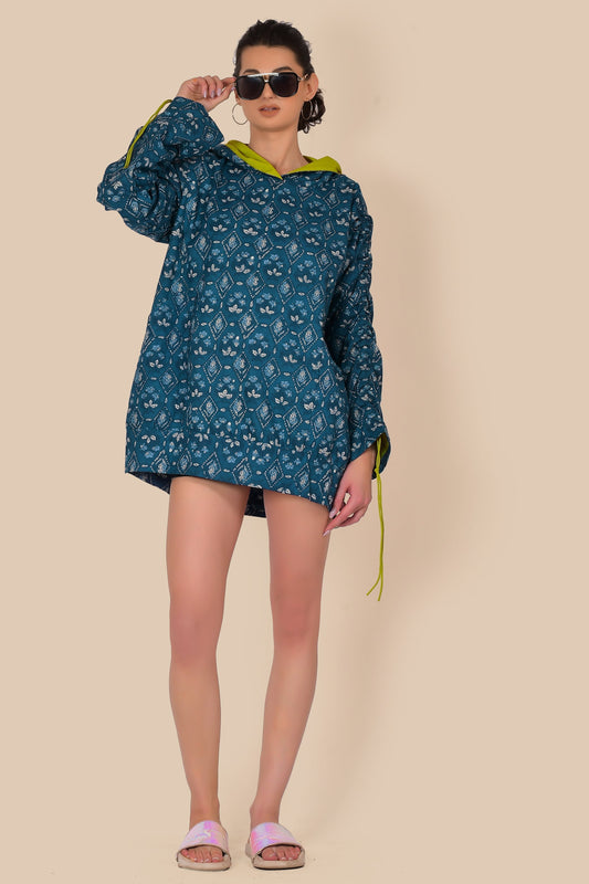 Summer Hoodie Ajrakh indigo block print