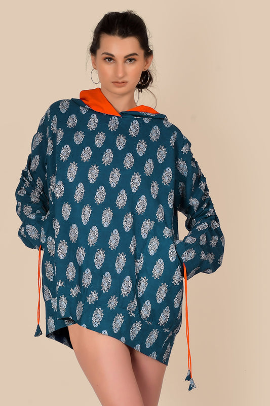 Summer Hoodie Ajrakh indigo block print